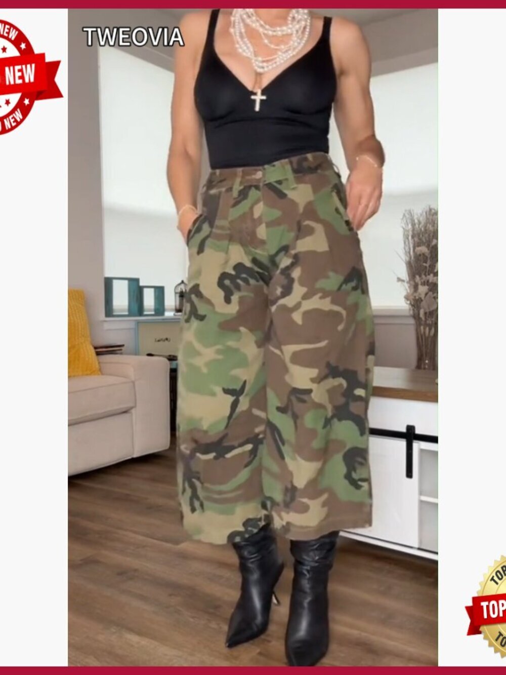 High Waist Wide Leg Camo Cargo Jeans Baggy Fatigue Pants Trousers - Picture 7 of 7